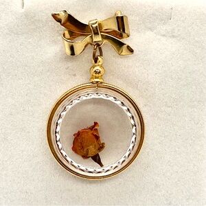 Vintage Bow With Hanged Frame Dried Rose‎ Inside Brooch Pin Gold Tone